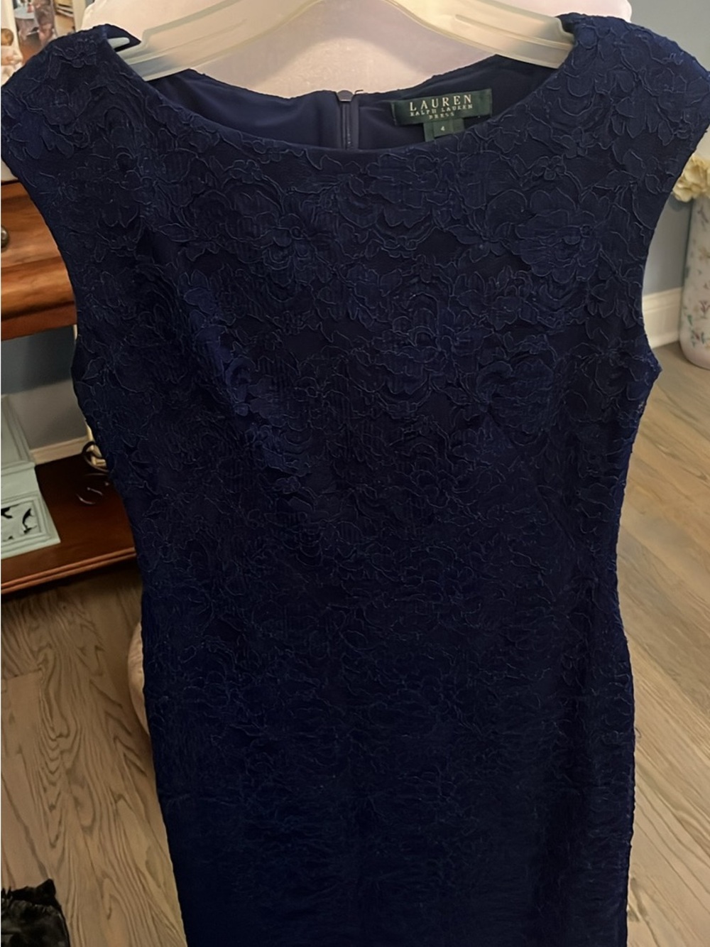 Ralph Lauren Navy Floral Lace Sheath Dress with Boat Neck